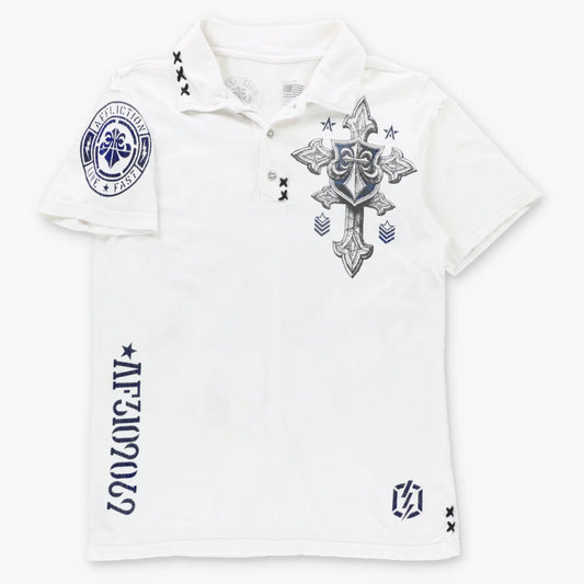 Vintage AFFLICITON Velvet Detail Y2K Cross White & Blue USA Made Polo Shirt (M-L TALL) ***COCO Vintage Sole Melbourne
