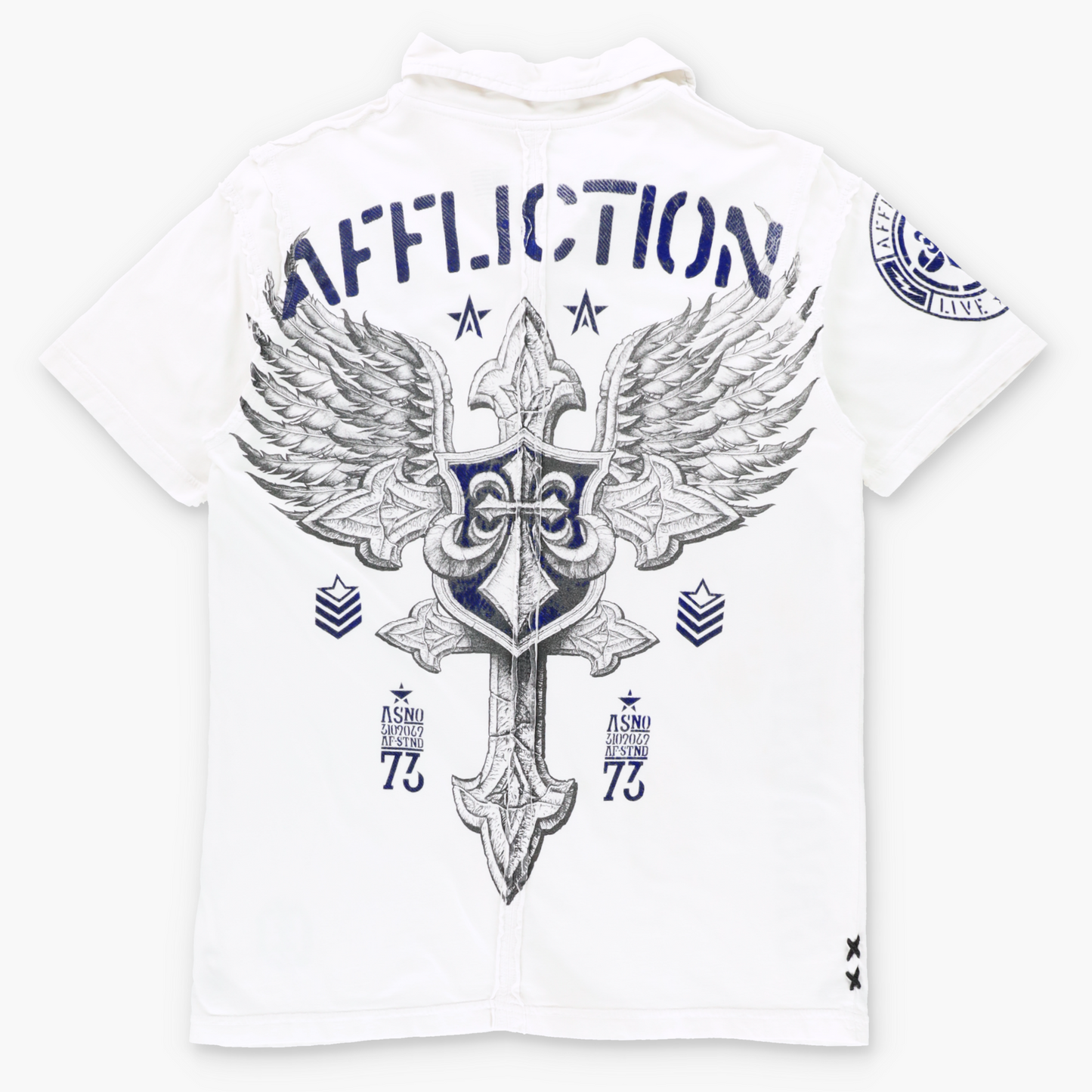 Vintage AFFLICITON Velvet Detail Y2K Cross White & Blue USA Made Polo Shirt (M-L TALL) ***COCO Vintage Sole Melbourne