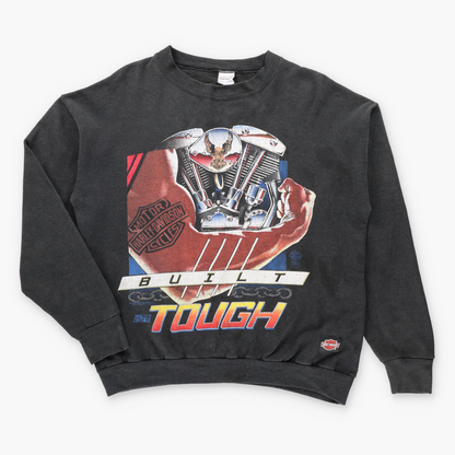 Vintage 1990 HARLEY DAVIDSON Tattooed Biker USA Made "Built Tough" Faded Black Thin Sweatshirt (L) ***COCO Vintage Sole Melbourne