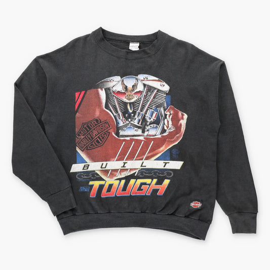 Vintage 1990 HARLEY DAVIDSON Tattooed Biker USA Made "Built Tough" Faded Black Thin Sweatshirt (L) ***COCO Vintage Sole Melbourne