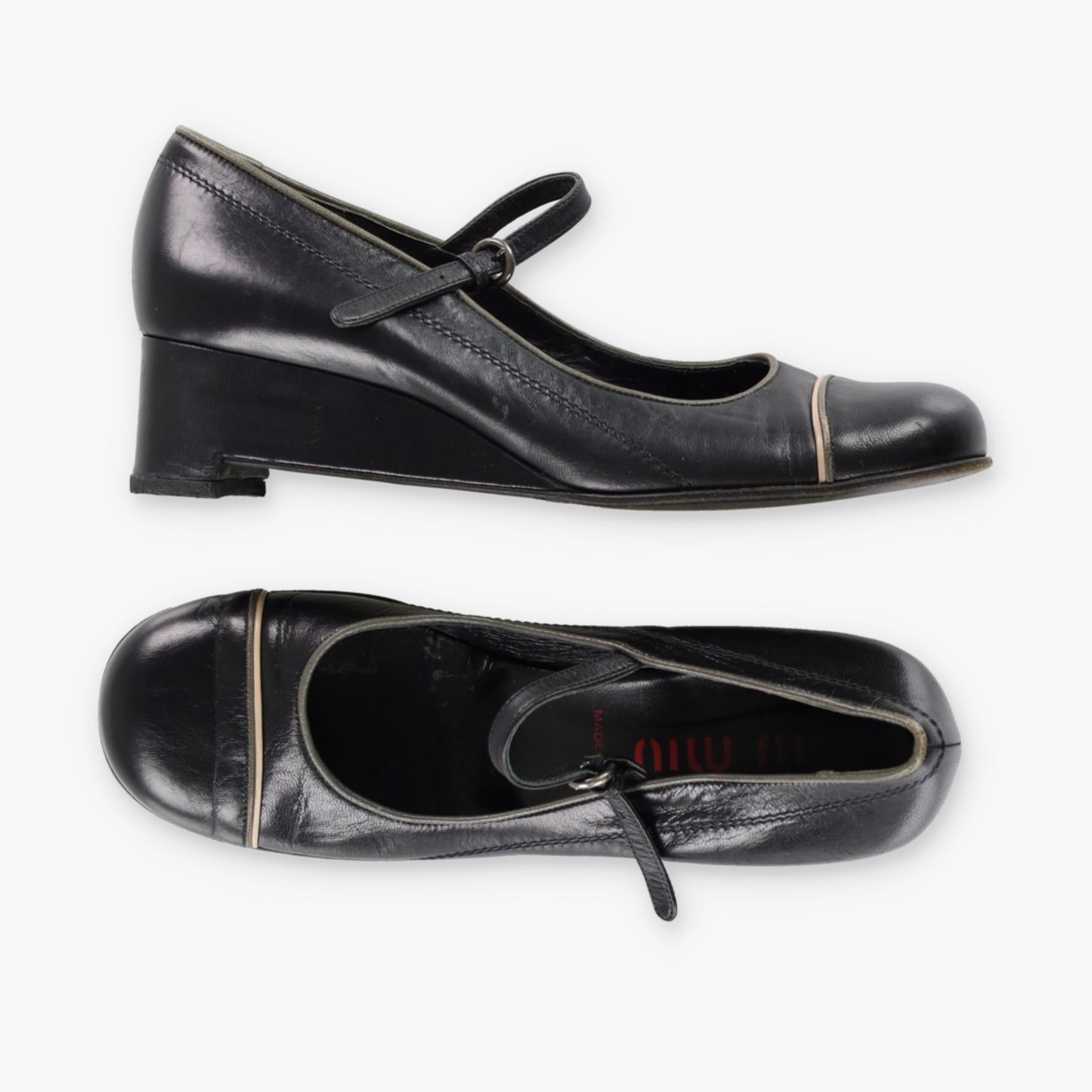 MIU MIU Black Genuine Leather Mary Jane Low Wedge (38.5)