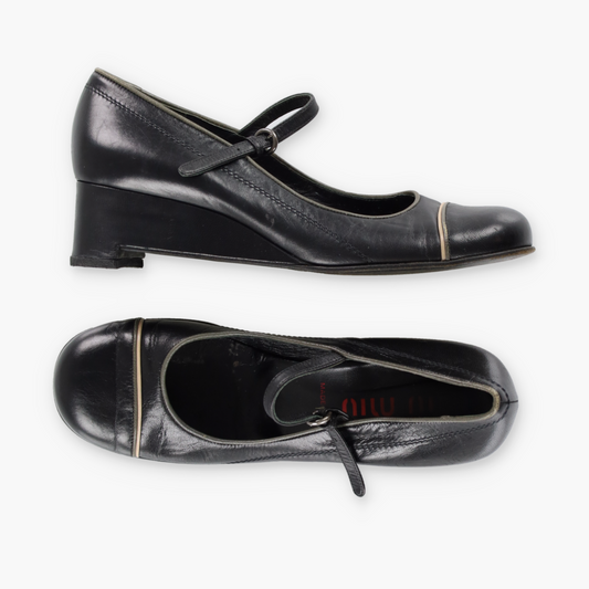 MIU MIU Black Genuine Leather Mary Jane Low Wedge (38.5)