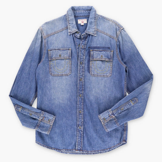 TRUE RELIGION Embroidered Denim Long Sleeve Button-Up Shirt (S-M) - Vintage Sole Melbourne