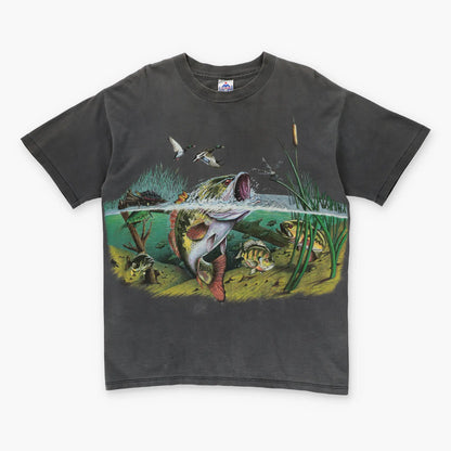Vintage Fishing Trout & Ducks All Over Print Grey USA Made T-Shirt (L) - Vintage Sole Melbourne