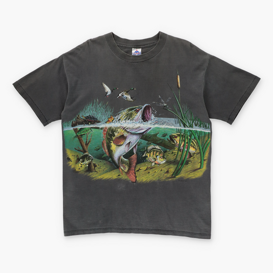 Vintage Fishing Trout & Ducks All Over Print Grey USA Made T-Shirt (L) - Vintage Sole Melbourne
