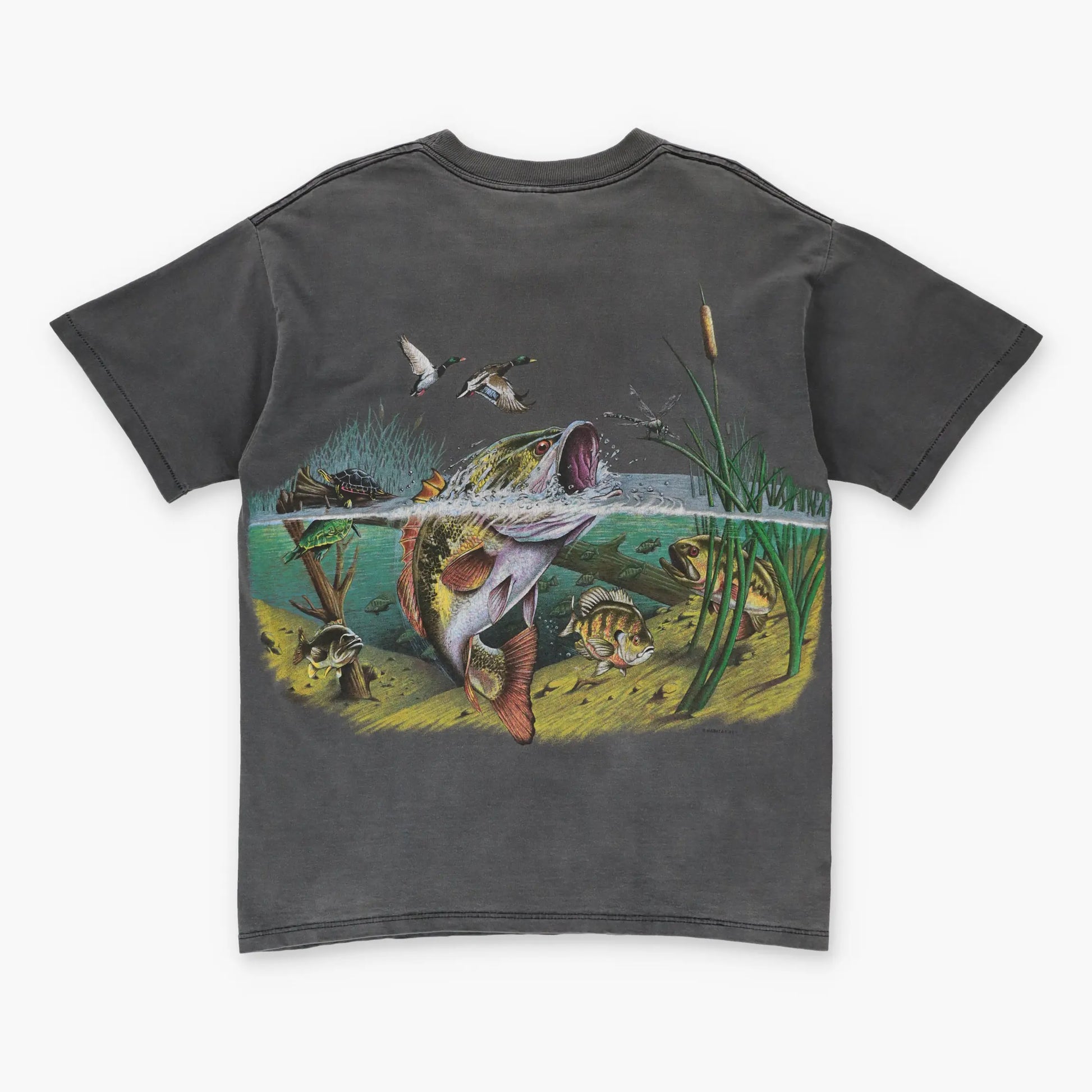 Vintage Fishing Trout & Ducks All Over Print Grey USA Made T-Shirt (L) - Vintage Sole Melbourne