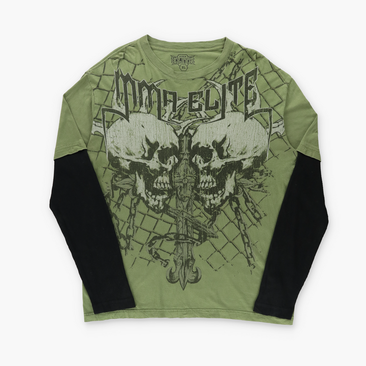 ELITE MMA Green Skulls Layered-Look Long Sleeve Tee (XL-XXL)