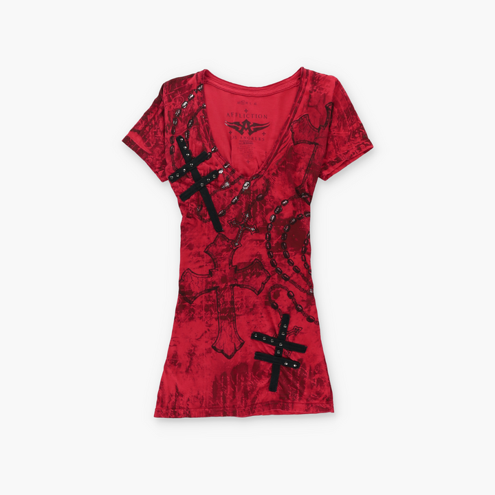 AFFLICTION Red Rosaries Y2K Lace-Up Tee USA Made (Women's XS-S)