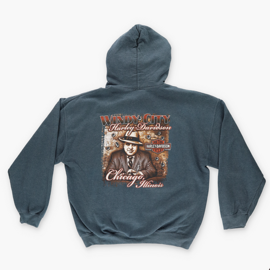 HARLEY DAVIDSON Al Capone Graphic 'Windy City' Chicago Illinois Hooded Sweatshirt (L)