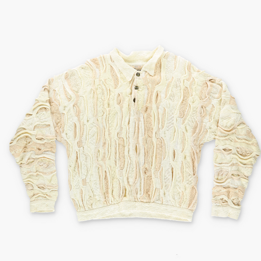 COOGI Classic Australian Made Cream & Tan 1/4 Button Knit Sweater (XL)