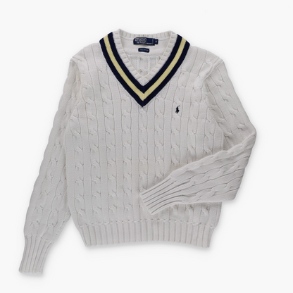 RALPH LAUREN POLO White Cable Knit Embroidered Logo Yellow & Navy V-Neck Cricket Jumper (M)