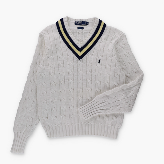 RALPH LAUREN POLO White Cable Knit Embroidered Logo Yellow & Navy V-Neck Cricket Jumper (M)