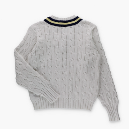 RALPH LAUREN POLO White Cable Knit Embroidered Logo Yellow & Navy V-Neck Cricket Jumper (M)
