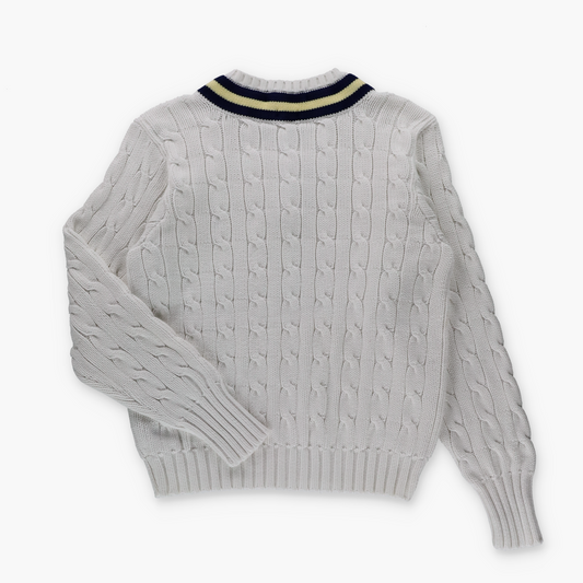 RALPH LAUREN POLO White Cable Knit Embroidered Logo Yellow & Navy V-Neck Cricket Jumper (M)