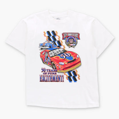 Vintage NASCAR 50th Anniversary Gold Shimmer Graphic "50 Years Of Pure Excitement!" White Tee (M-L)