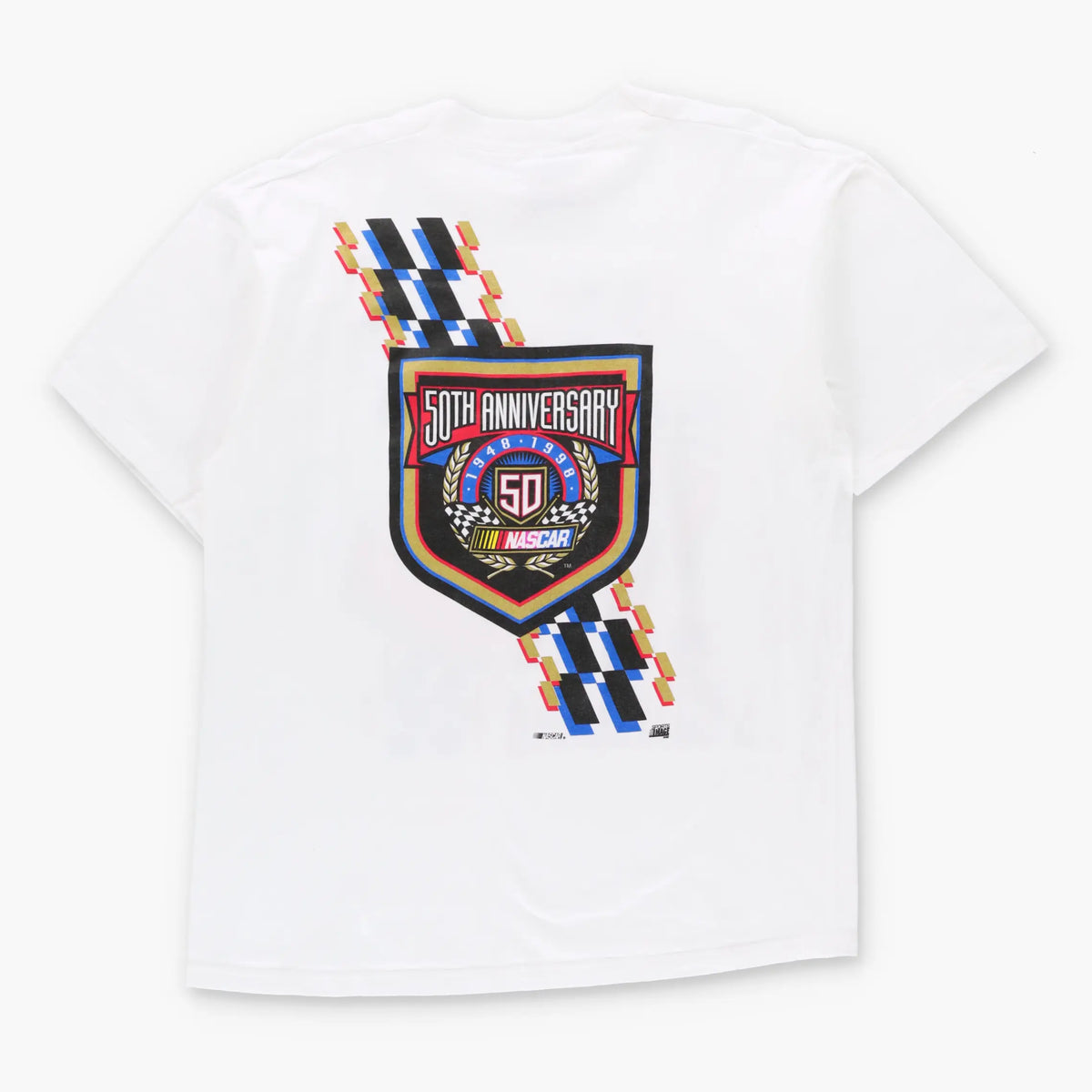 Vintage NASCAR 50th Anniversary Gold Shimmer Graphic "50 Years Of Pure Excitement!" White Tee (M-L)