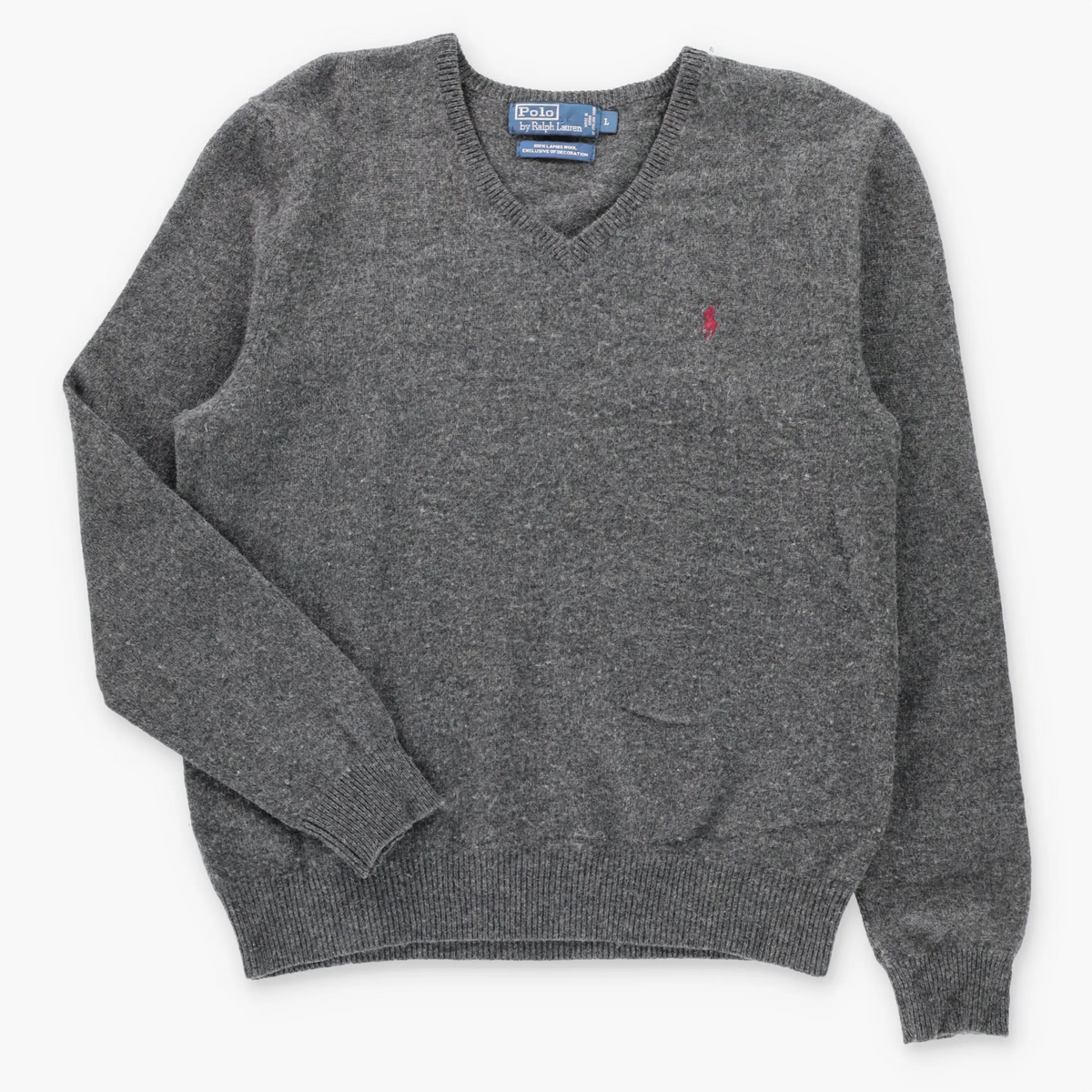 POLO RALPH LAUREN Embroidered Pony Logo Vintage Grey V-Neck Wool Sweater (L)