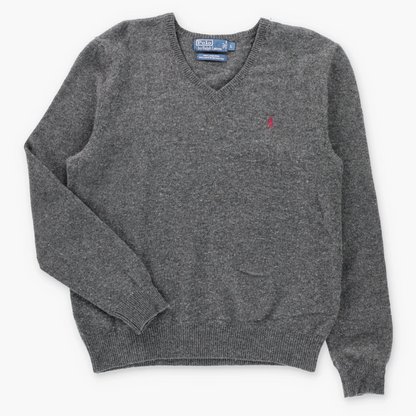 POLO RALPH LAUREN Embroidered Pony Logo Vintage Grey V-Neck Wool Sweater (L)