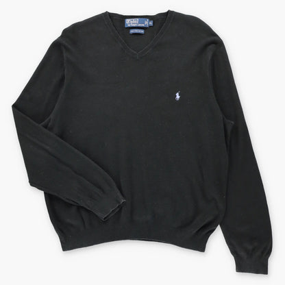 RALPH LAUREN POLO Light Blue Embroidered Pony Logo Black V-Neck Sweater (XL)