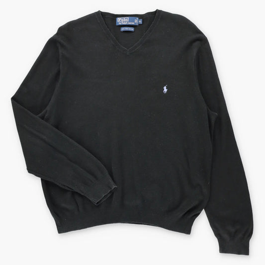 RALPH LAUREN POLO Light Blue Embroidered Pony Logo Black V-Neck Sweater (XL)