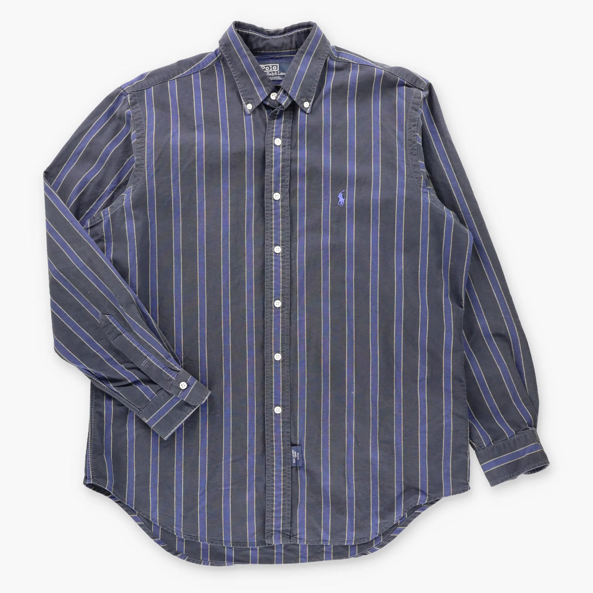 Vintage POLO RALPH LAUREN Blue Embroidered Pony Logo Button Down Striped Shirt Canada Made (L)