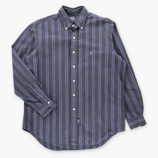 Vintage POLO RALPH LAUREN Blue Embroidered Pony Logo Button Down Striped Shirt Canada Made (L)