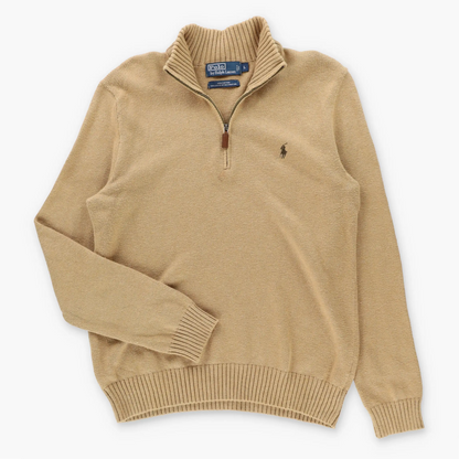 RALPH LAUREN POLO Brown Embroidered Pony Logo 1/4 Zip Tan Knit Sweater (L)