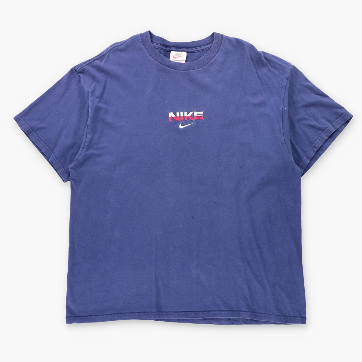 Vintage NIKE Embroidered Two-Tone Spell Out Logo & Centre Swoosh Blue T-Shirt USA Made (XL-XXL)