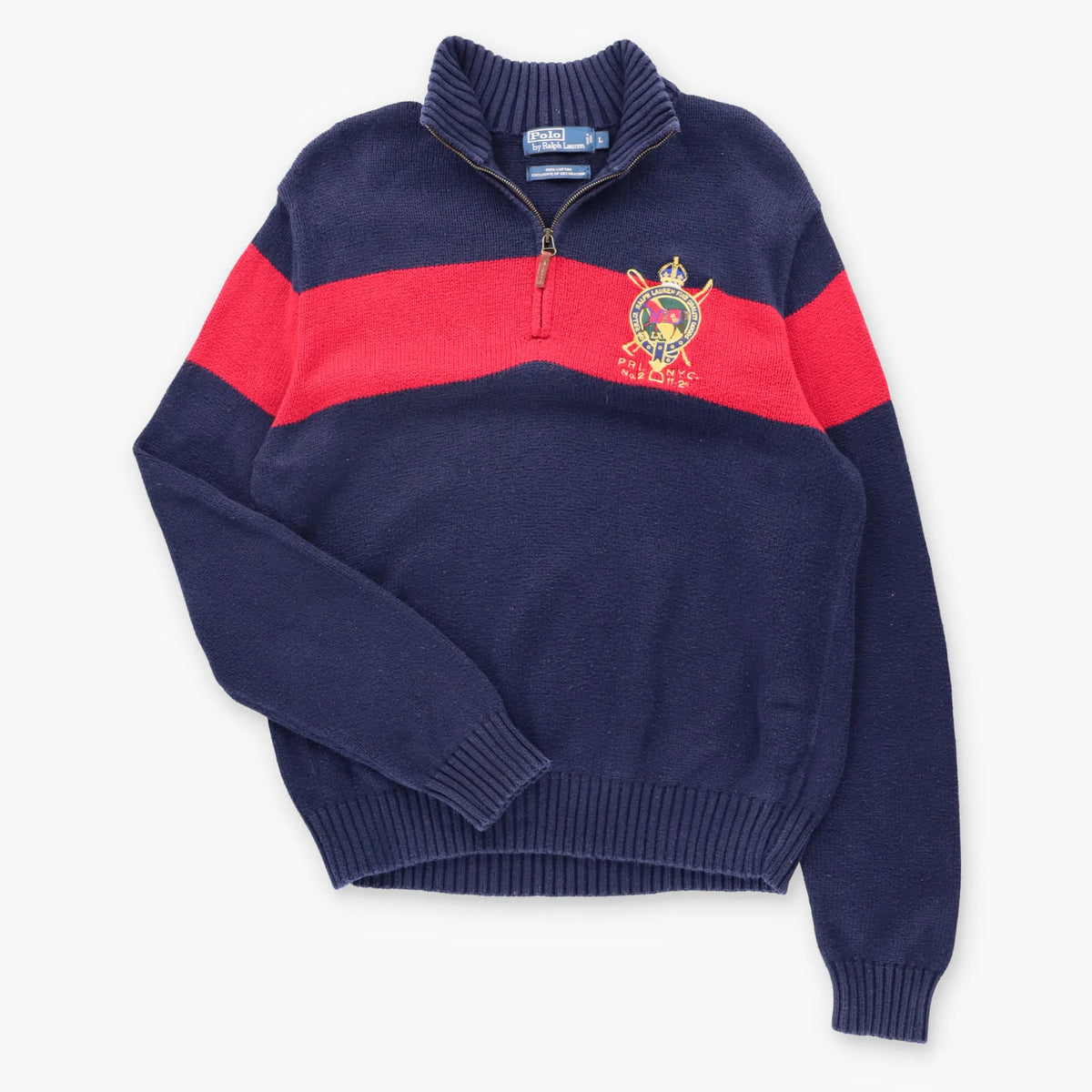 Vintage POLO RALPH LAUREN 1/4 Zip 'PRL N.Y.C.' Navy & Red Knit Sweater (L)