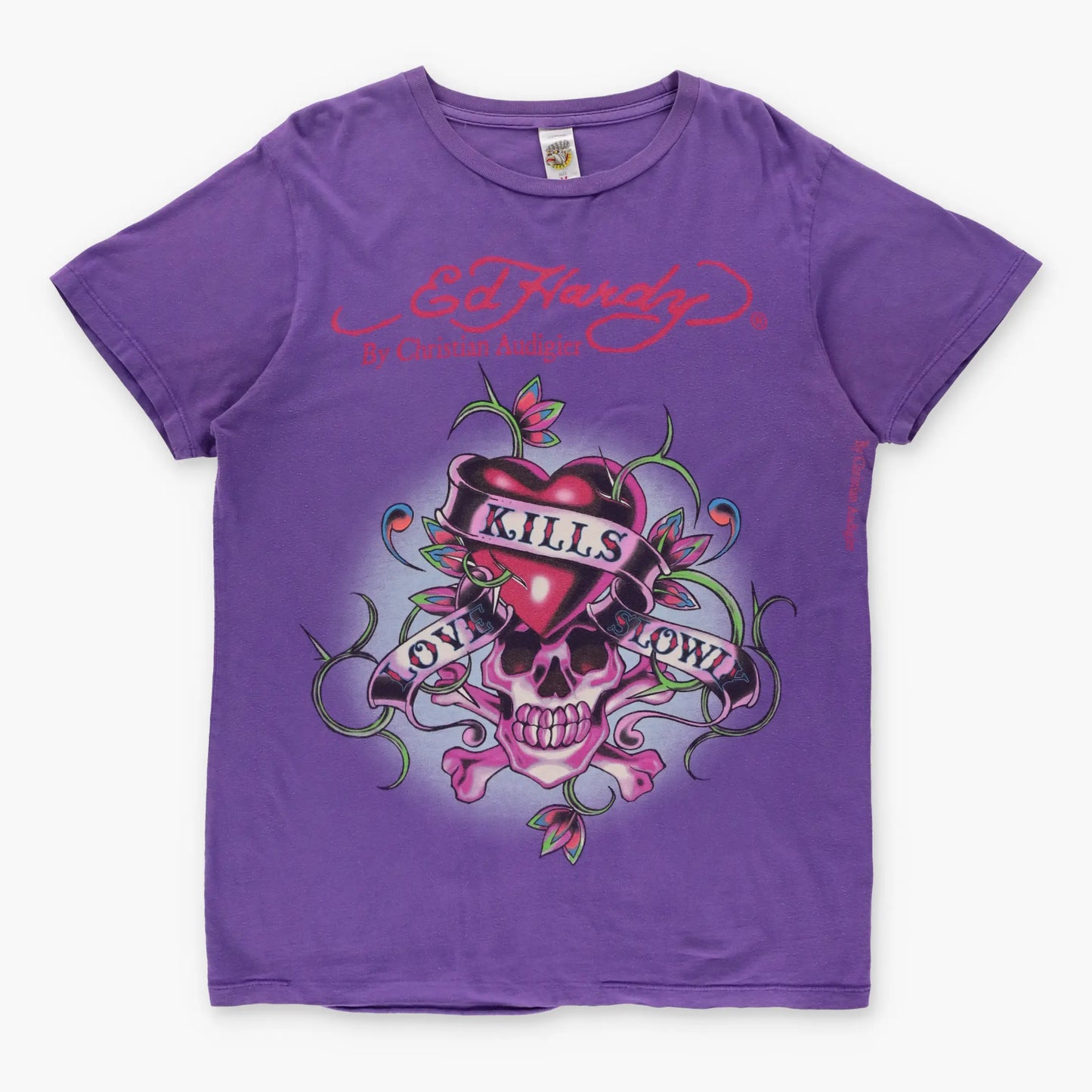 ED HARDY By Christian Audigier Y2K Heart USA Made Purple T-Shirt  (M) Vintage Sole Melbourne