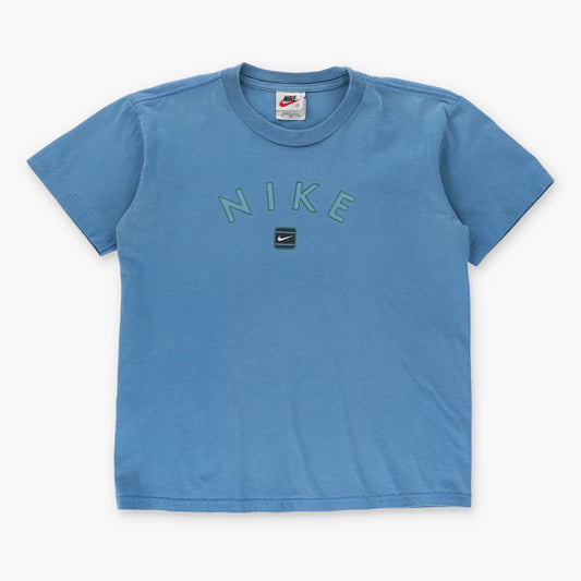 NIKE Blue Swoosh Spell Out Logo USA Made T-Shirt (Women's S-M)