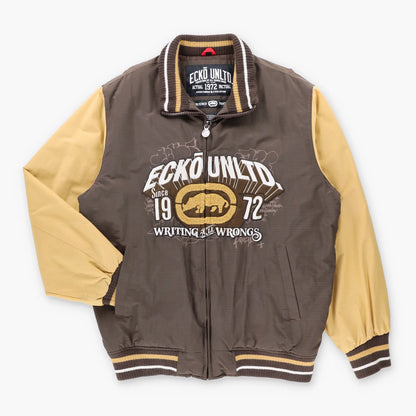 ECKO UNTLD "Writing All Wrongs" Brown & Tan Embroidered Y2K Style Oversized Jacket (L) ***COCO Vintage Sole Melbourne