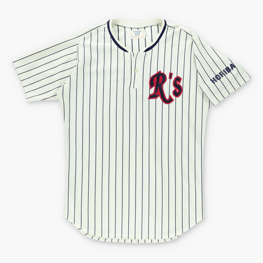 Vintage Baseball Style "R's" USA Made White & Navy Pinstripe Jersey (XL)
