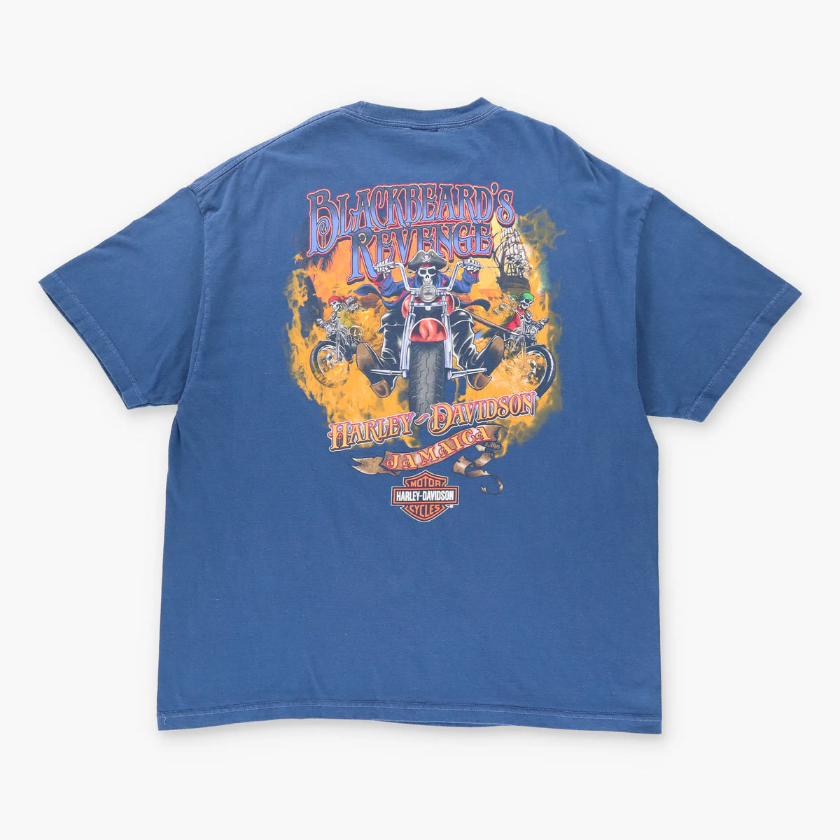 Vintage HARLEY DAVIDSON 'Blackbeard Revenge' Pirate Blue Motorcycle T-Shirt (XXL)