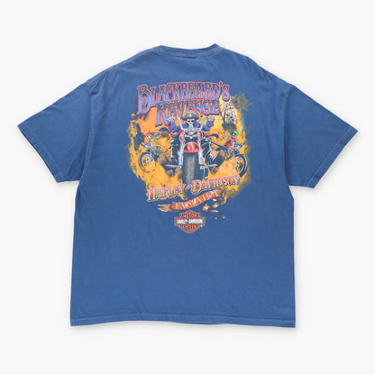 Vintage HARLEY DAVIDSON 'Blackbeard Revenge' Pirate Blue Motorcycle T-Shirt (XXL)