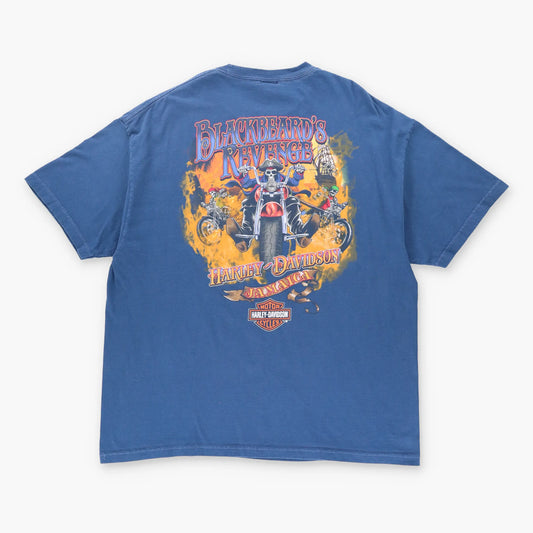 Vintage HARLEY DAVIDSON 'Blackbeard Revenge' Pirate Blue Motorcycle T-Shirt (XXL)