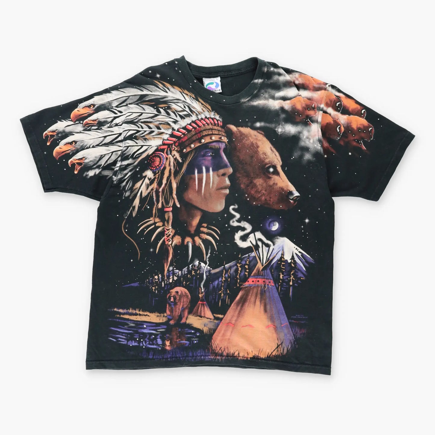 Vintage 1998 LIQUID BLUE American Indian Bear All Over Print Black T-Shirt (L)