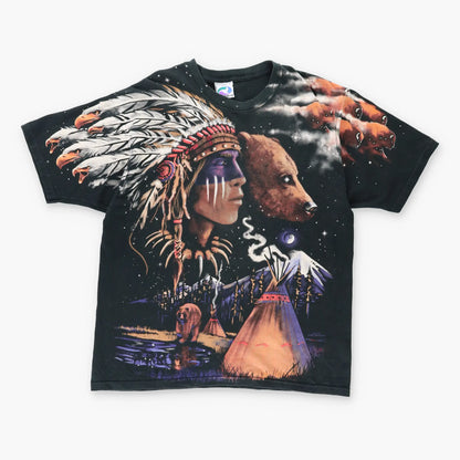 Vintage 1998 LIQUID BLUE American Indian Bear All Over Print Black T-Shirt (L)