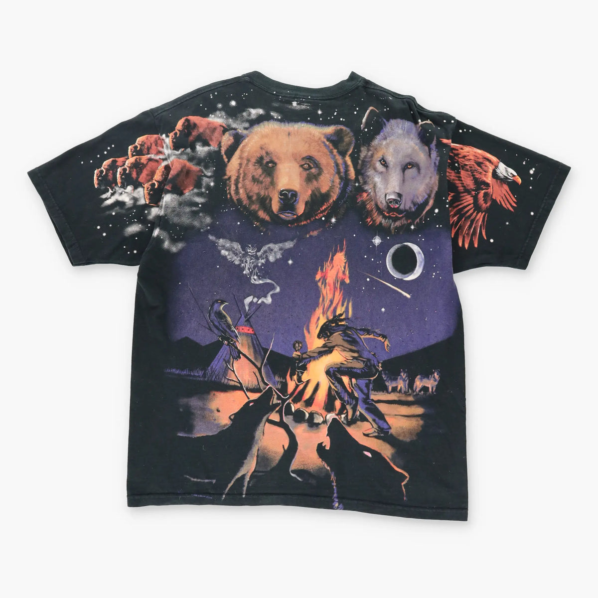 Vintage 1998 LIQUID BLUE American Indian Bear All Over Print Black T-Shirt (L)