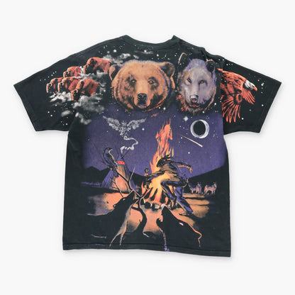Vintage 1998 LIQUID BLUE American Indian Bear All Over Print Black T-Shirt (L)