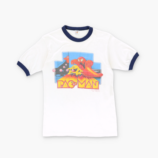1981 PACMAN Video Game USA Made White & Blue Retro Ringer Tee (S)