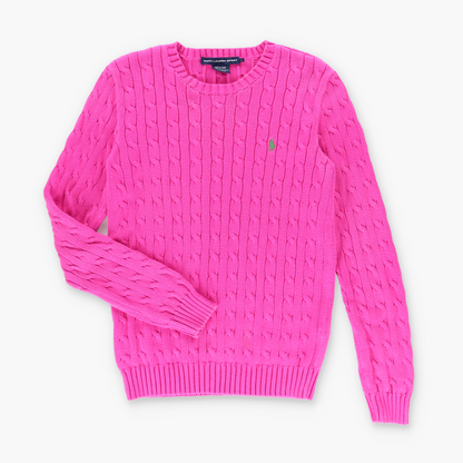 RALPH LAUREN SPORT Embroidered Logo Hot Pink & Green Cable Knit Sweater (M)