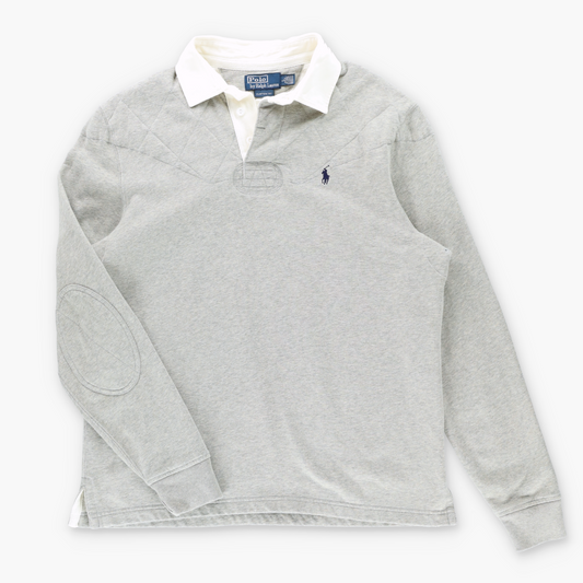 RALPH LAUREN POLO Custom Fit Quilting Detail Grey & Navy Rugby Jumper (L)