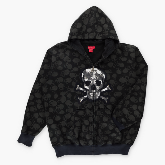 Studded Skull All Over Black Full Zip Hoodie Sweatshirt (XL)