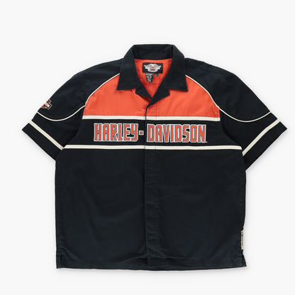 HARLEY DAVIDSON Spell Out Embroidered Logo Button Up Shirt (XL)