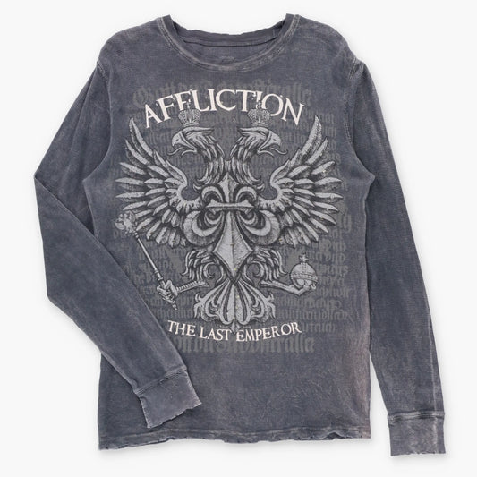 AFFLICTION Vintage Y2K "The Last Emperor" USA Made Waffle Thermal Studded Long Sleeve Tee (M TALL)