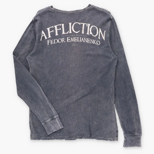 AFFLICTION Vintage Y2K "The Last Emperor" USA Made Waffle Thermal Studded Long Sleeve Tee (M TALL)