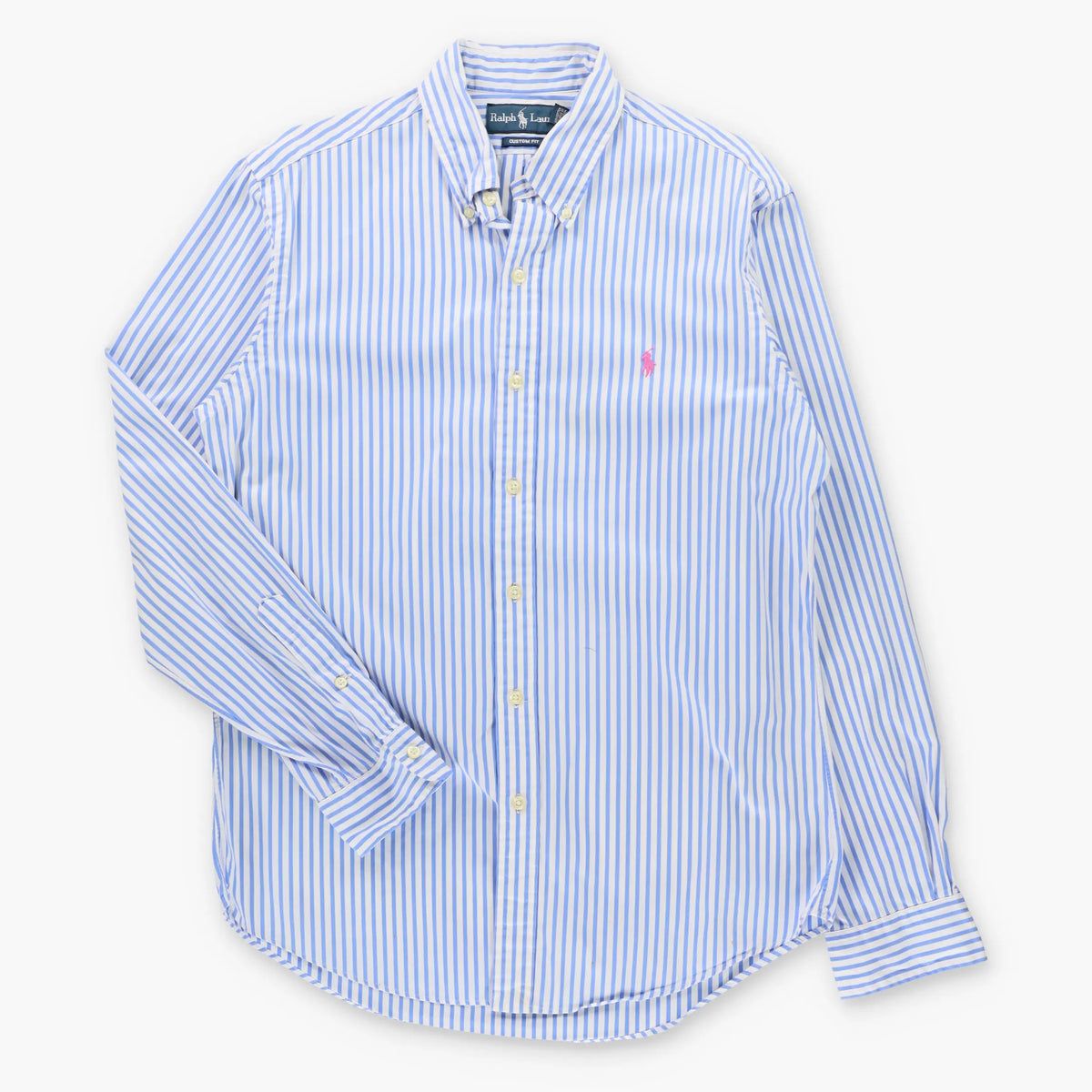 Vintage RALPH LAUREN 'Custom Fit' Pink Embroidered Pony Light Blue & White Stripe Shirt (M TALL)