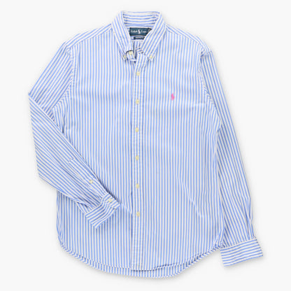 Vintage RALPH LAUREN 'Custom Fit' Pink Embroidered Pony Light Blue & White Stripe Shirt (M TALL)