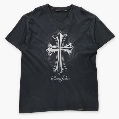 SEAN JOHN Metallic Cross & Crown Black V-Neck T-Shirt (XXXL)